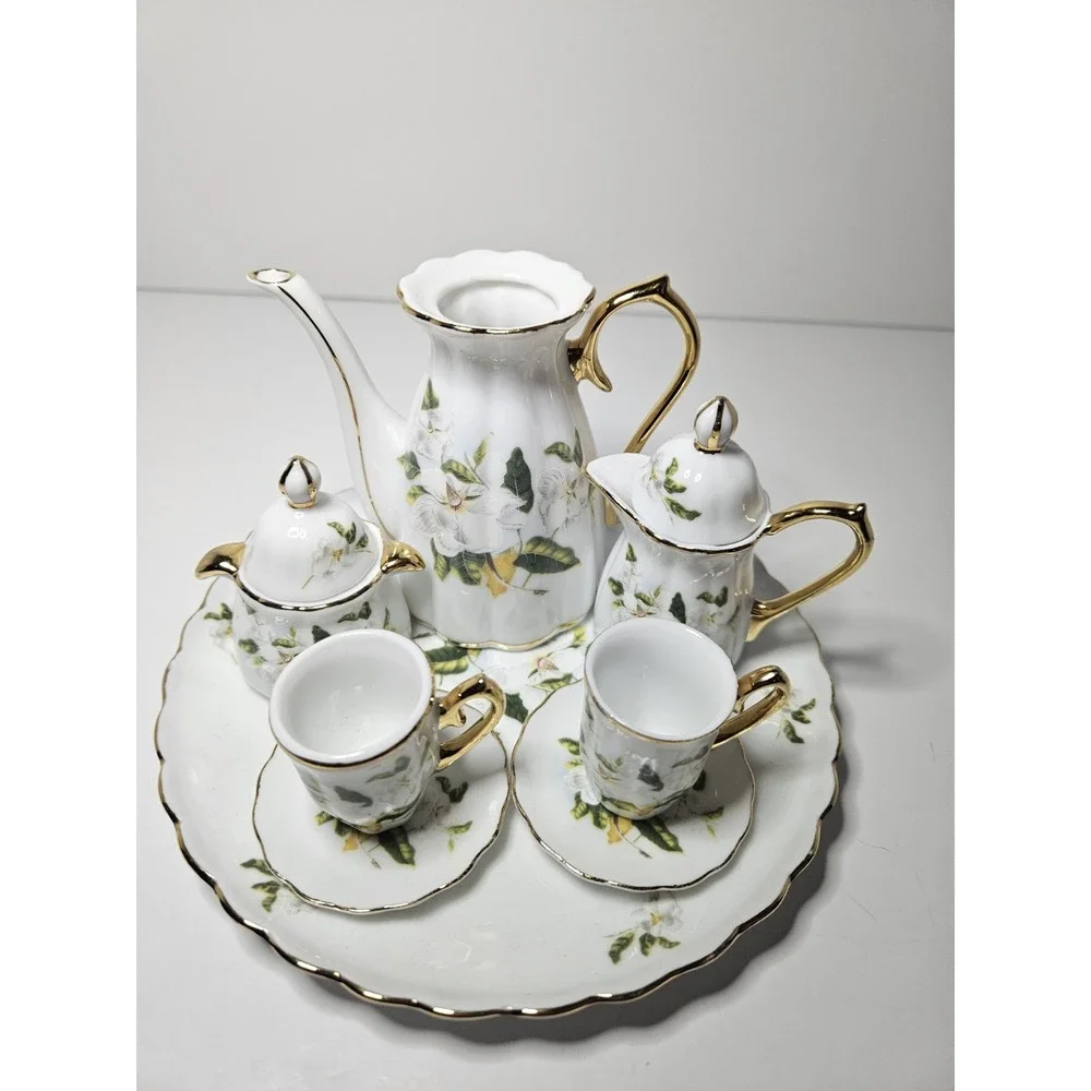 Mini Bone China Tea Set White Floral Gold Gilt Footed Cups Creamer Teapot 7pc